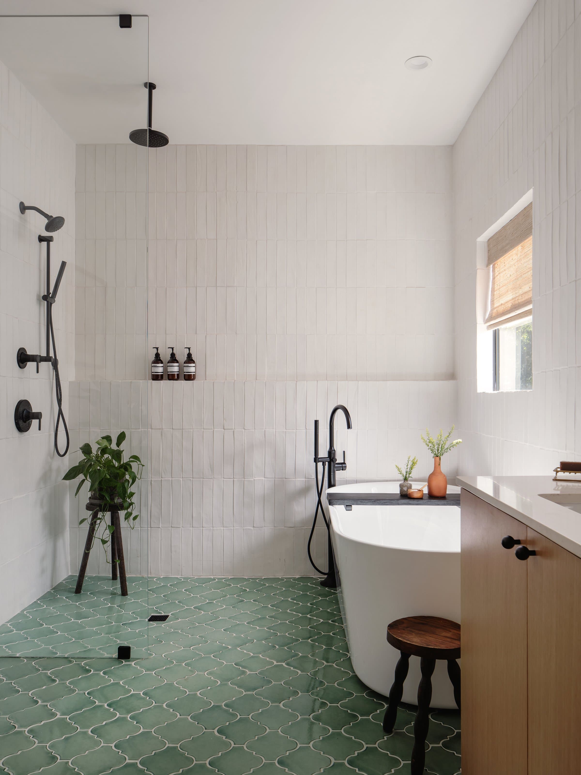 Master bathroom walk-in shower with handmade tile at Casa Alegre Fredericksburg Texas